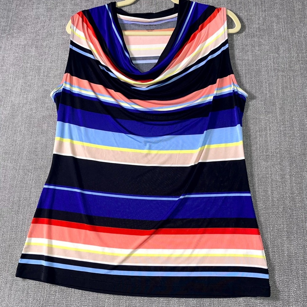 Worthington Tank Top Women Large Multicolor Striped Stretch Sleeveless Cowl Neck